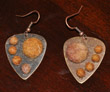 Rust/tan felt ball earrings with guitar pick shape, 